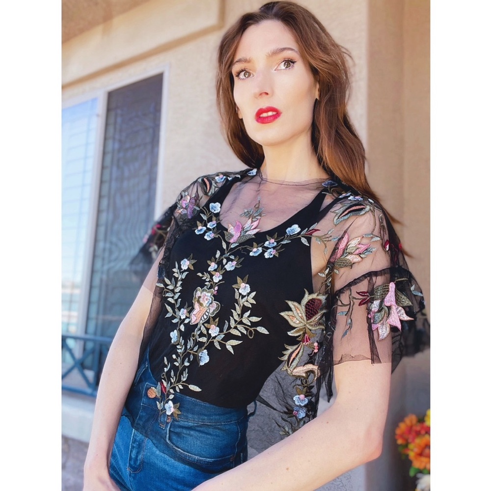 ZARA Black Sheer Mesh Blue Pink Green Floral Embroidered Top w/ Flutter Sleeves